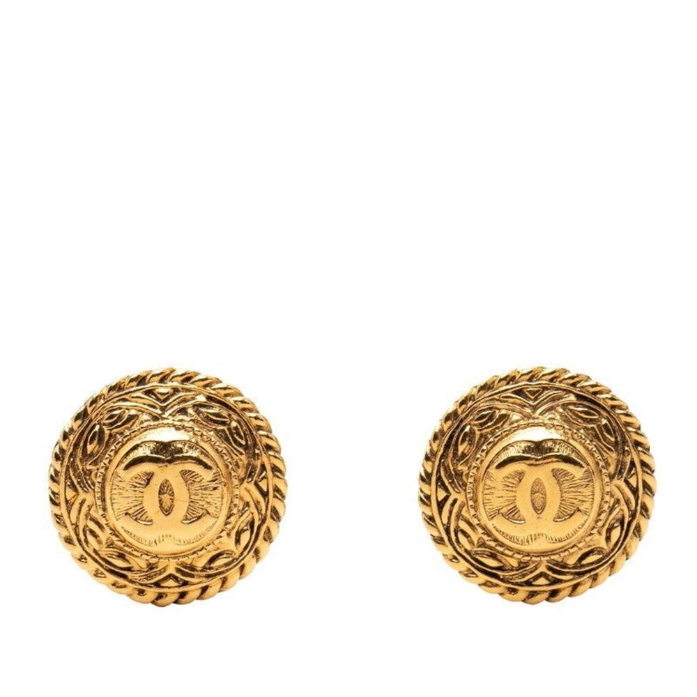 Chanel CC Logo Round Earrings Gold Plated GP